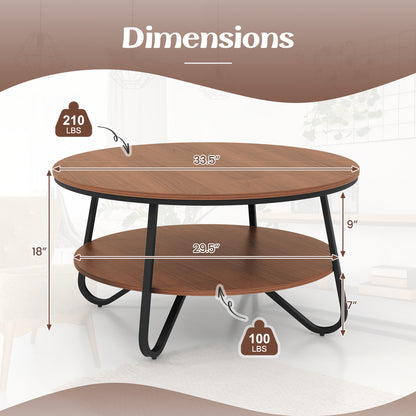 33.5 Inch Round Coffee Table with Wood Grain Finish and Heavy-Duty Metal Frame