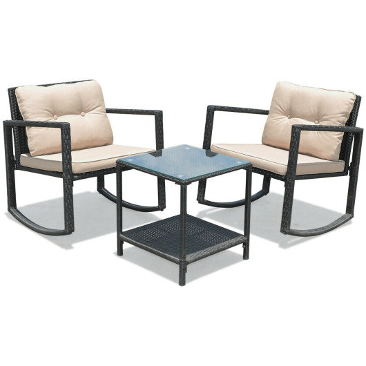 3 Pcs Wicker Rocking Bistro Set with Glass Coffee Table and Storage Shelf - Beige