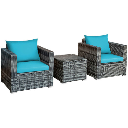 3 Pieces Patio Rattan Furniture Bistro Sofa Set with Cushioned - Turquoise