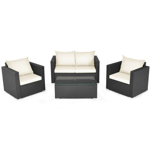 4 Pieces Patio Rattan Conversation Set with Padded Cushion and Tempered Glass Coffee Table - White