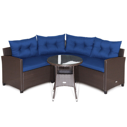 4 Pieces Patio Rattan Furniture Set Cushioned Sofa Glass Table - Navy