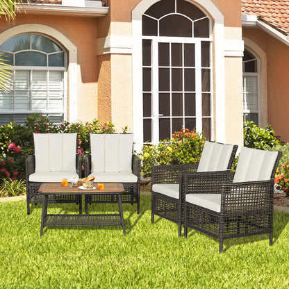 5 Pieces Patio Rattan Furniture Set Cushioned Sofa Armrest Wooden Tabletop