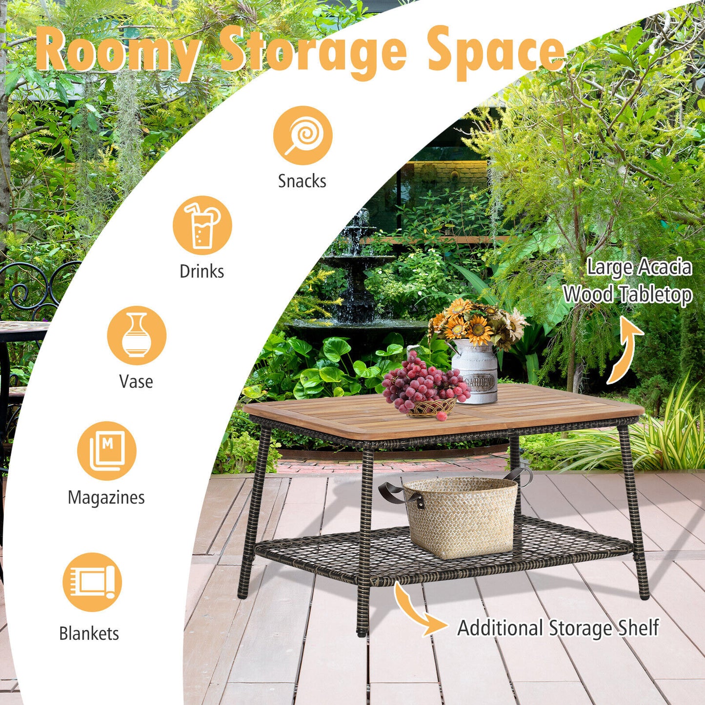 5 Pieces Patio Rattan Furniture Set Cushioned Sofa Armrest Wooden Tabletop