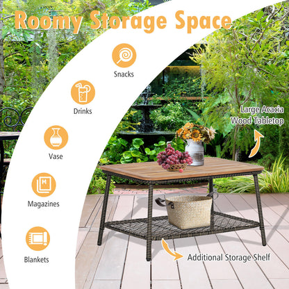 5 Pieces Patio Rattan Furniture Set Cushioned Sofa Armrest Wooden Tabletop