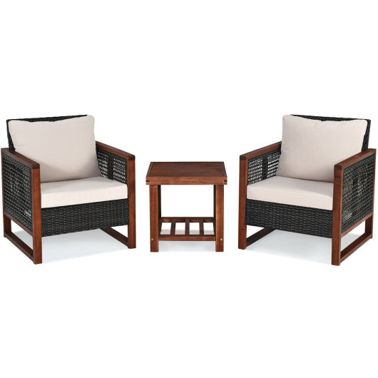 3 Pieces Patio Wicker Furniture Set with Washable Cushion and Acacia Wood Coffee Table - Beige