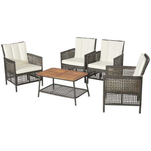 5 Pieces Patio Rattan Furniture Set Cushioned Sofa Armrest Wooden Tabletop - Off White