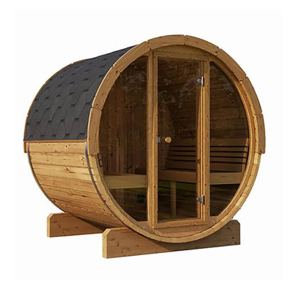 SaunaLife Model E7G Ergo Series 4-Person Outdoor Sauna Barrel with Glass Front