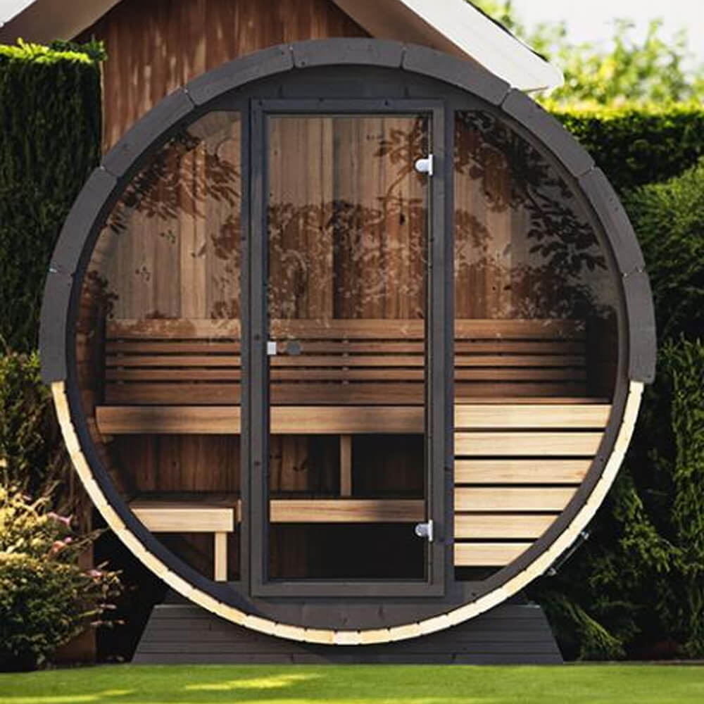 SaunaLife Model EE6G Ergo Series 4-Person Outdoor Sauna Barrel with Tempered Glass Front