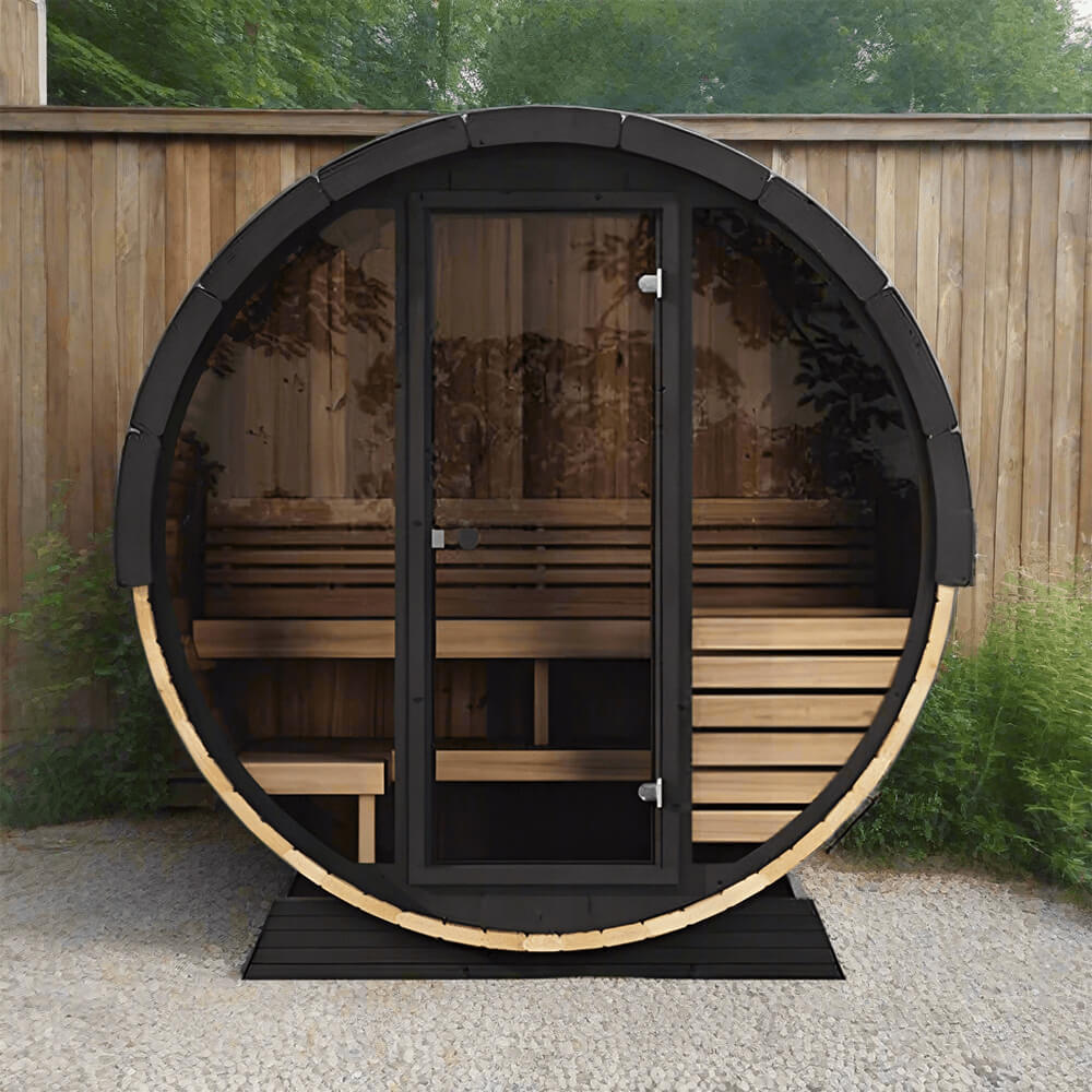 SaunaLife Model EE6G Ergo Series 4-Person Outdoor Sauna Barrel with Tempered Glass Front
