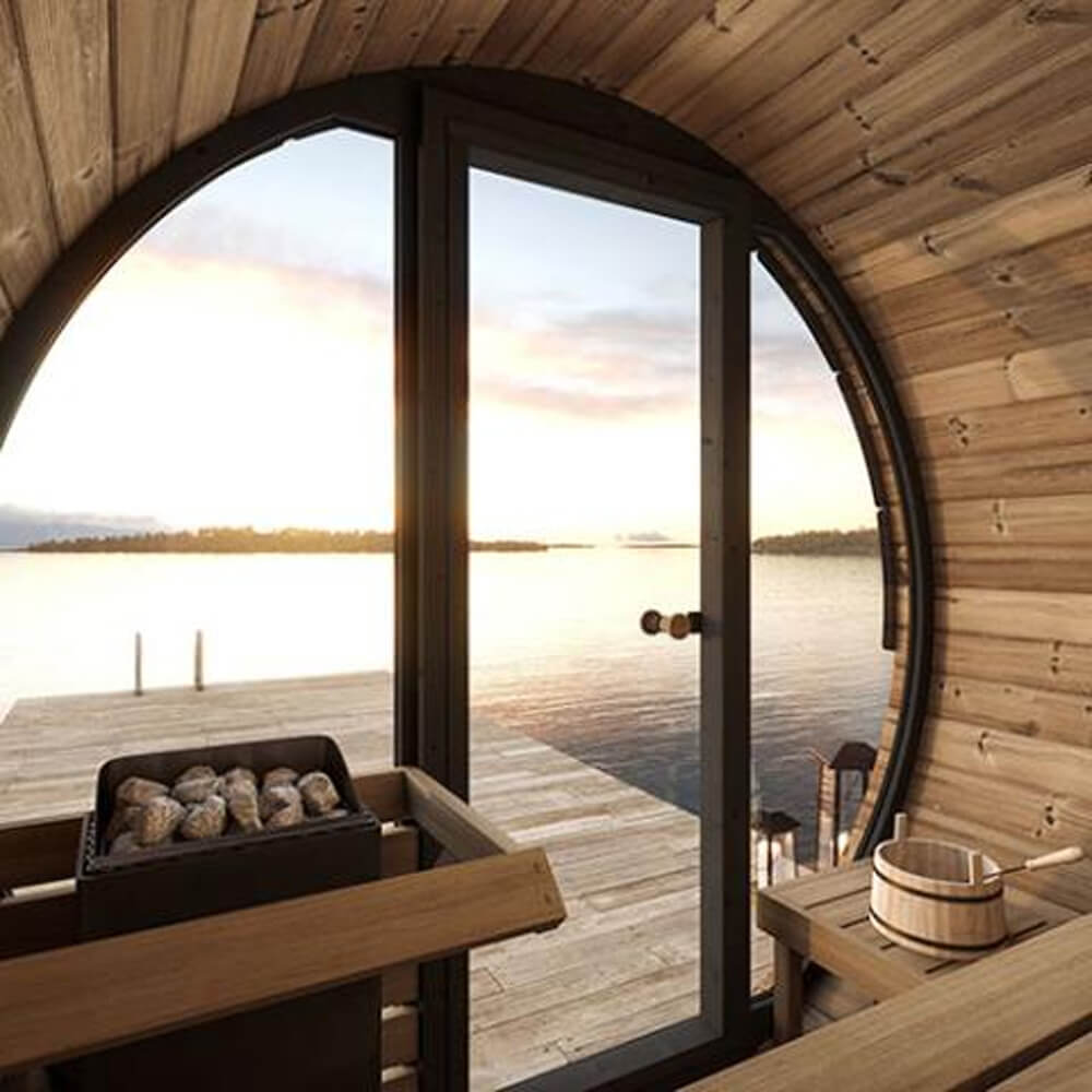 SaunaLife Model EE6G Ergo Series 4-Person Outdoor Sauna Barrel with Tempered Glass Front