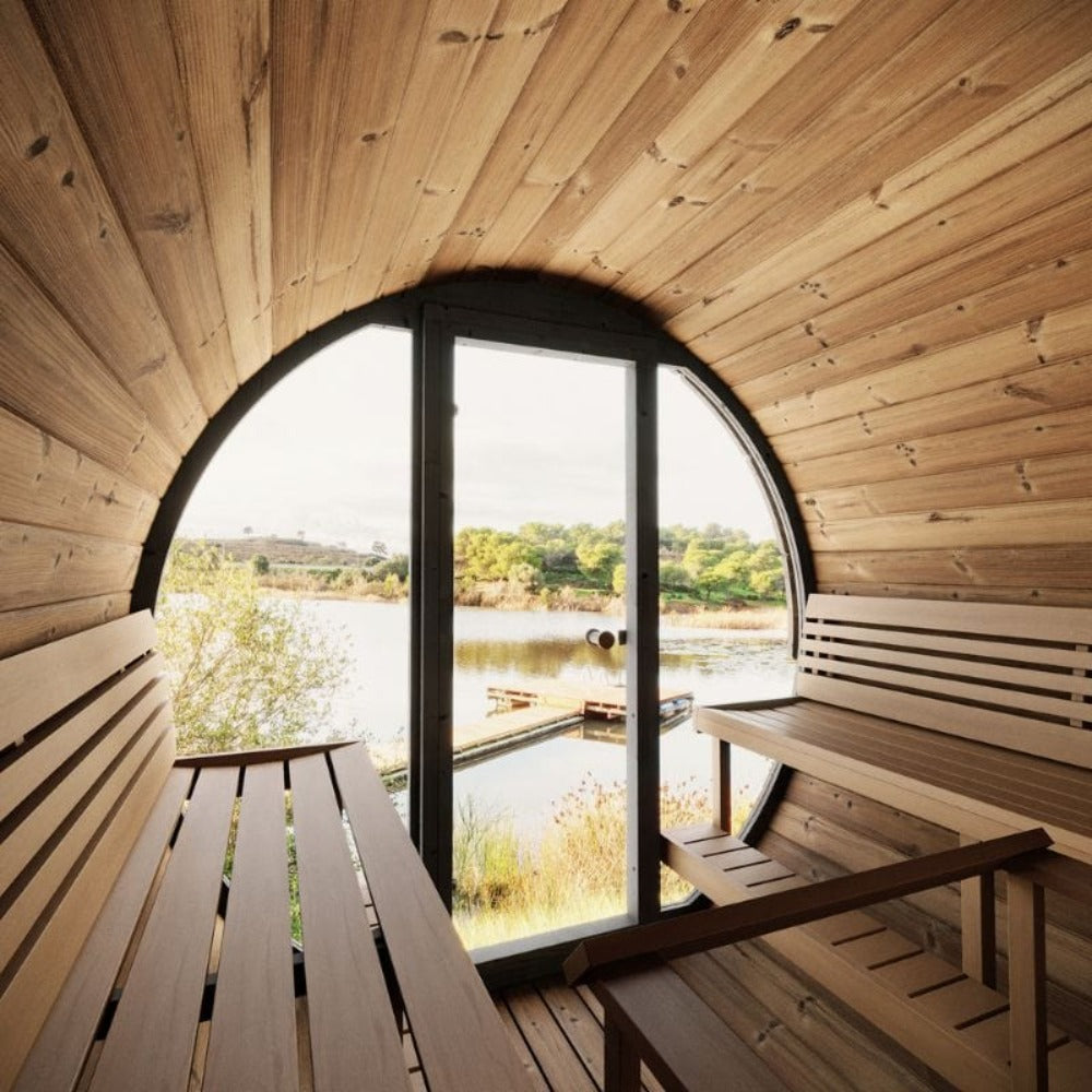 SaunaLife Model EE8G Ergo Series 6-Person Outdoor Sauna Barrel with Tempered Glass Front