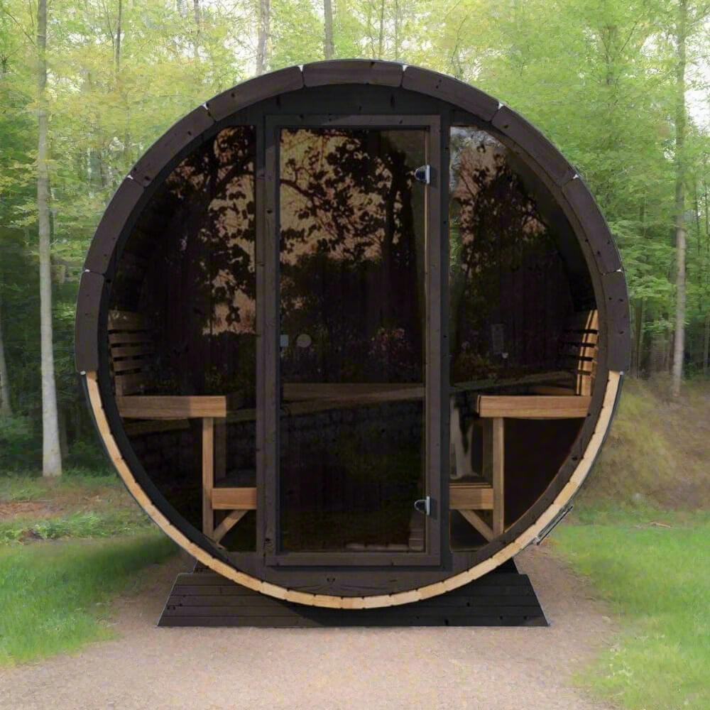 SaunaLife Model EE8G Ergo Series 6-Person Outdoor Sauna Barrel with Tempered Glass Front