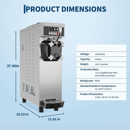 Single-Flavor 6L Commercial 1500W Countertop Soft Serve Ice Cream Machine