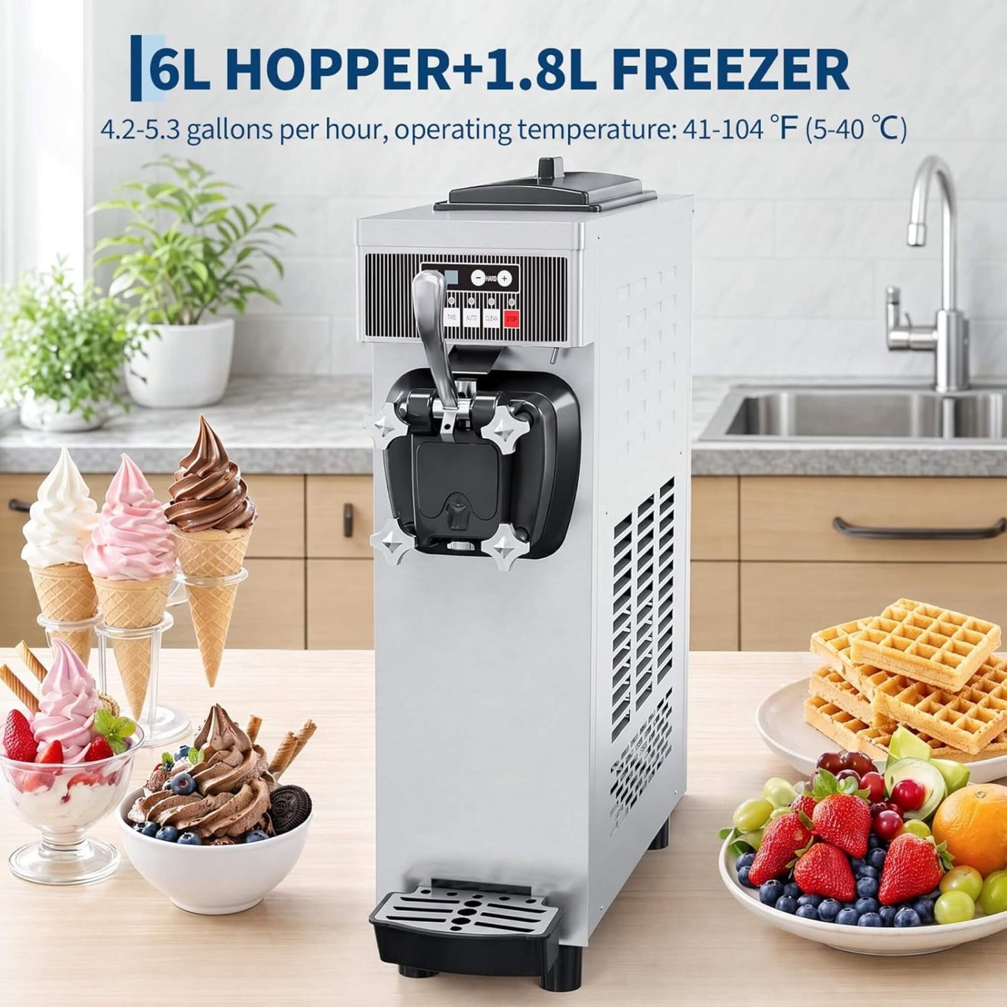 Single-Flavor 6L Commercial 1500W Countertop Soft Serve Ice Cream Machine