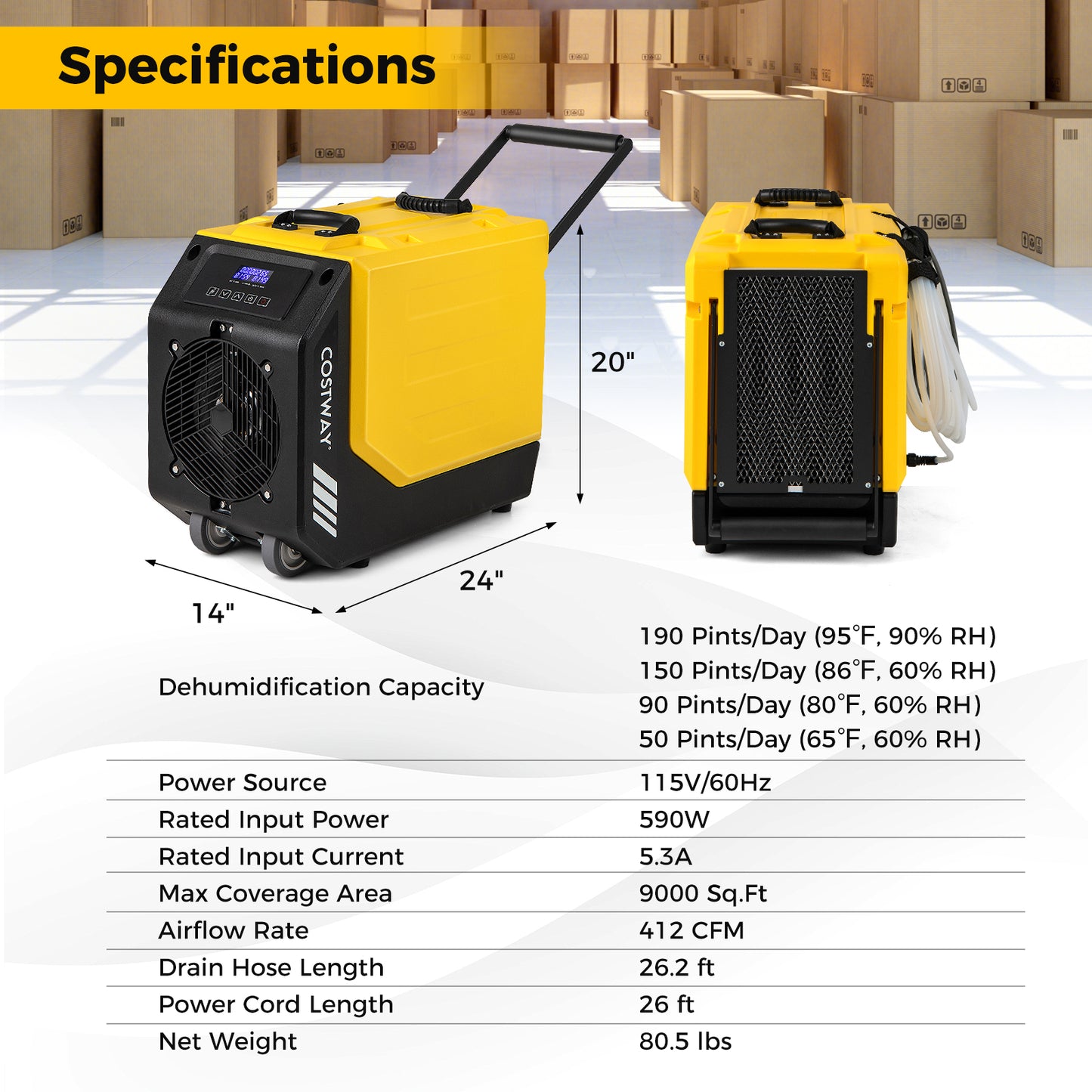 190 PPD Commercial Dehumidifier with Pump and 2 Wheels