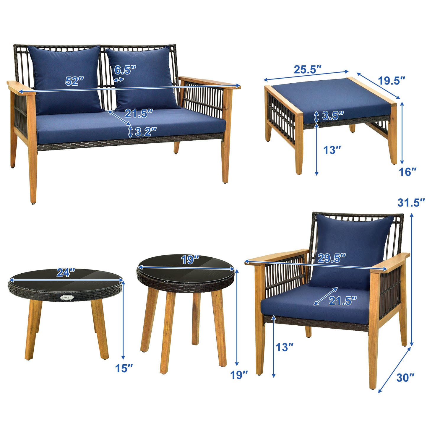 7 Piece Outdoor Conversation Set with Stable Acacia Wood Frame Cozy Seat & Back Cushions - Navy