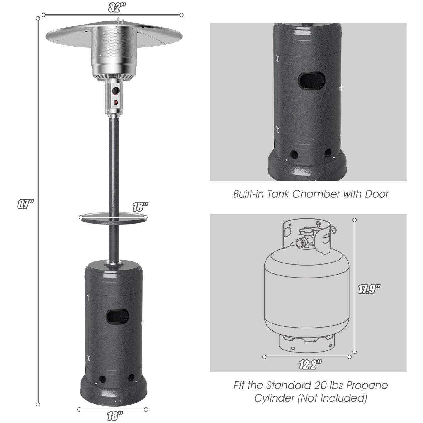 Outdoor Heater Propane Standing LP Gas Steel with Table & Wheels