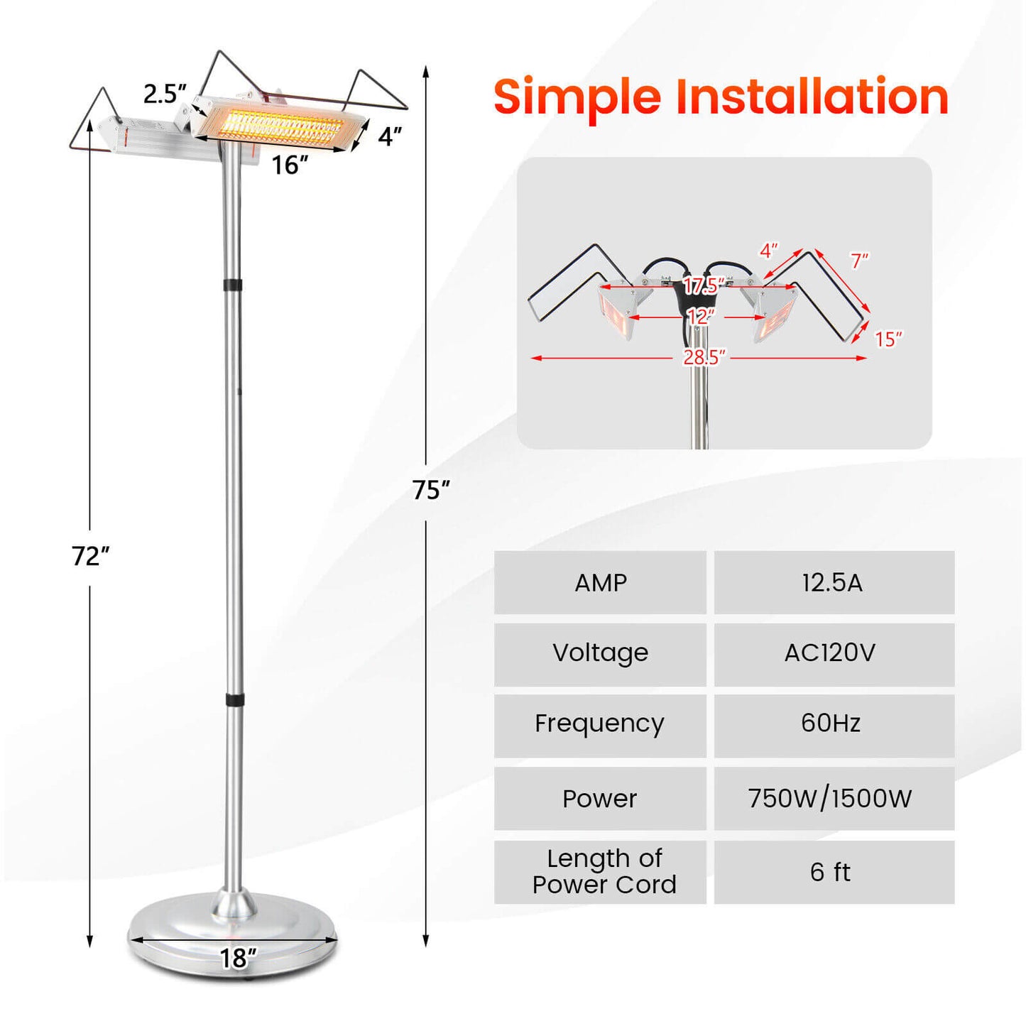 1500W Standing Electric Heater with Double-sided Heating