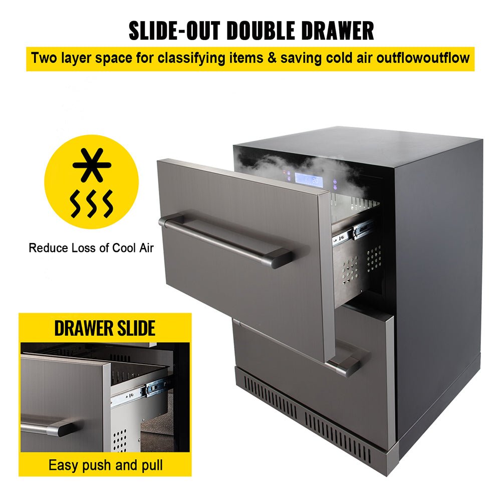 Small Double Drawer Stainless Steel Built-In Undercounter Beverage Refrigerator 5.1 Cu.Ft.