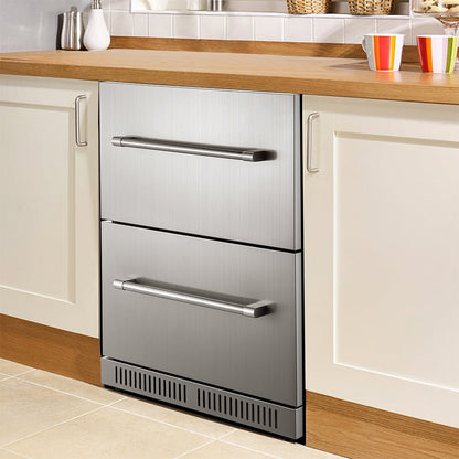 Small Double Drawer Stainless Steel Built-In Undercounter Beverage Refrigerator 5.1 Cu.Ft.