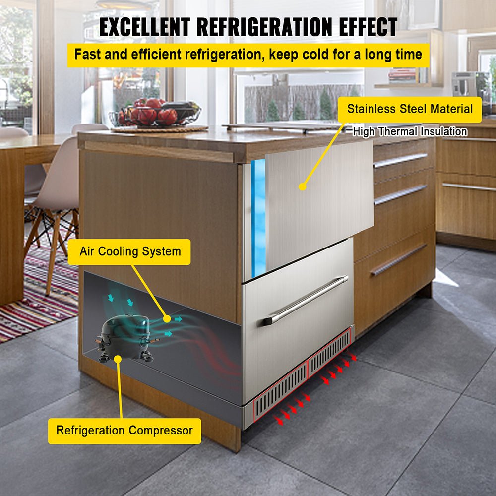 Small Double Drawer Stainless Steel Built-In Undercounter Beverage Refrigerator 5.1 Cu.Ft.