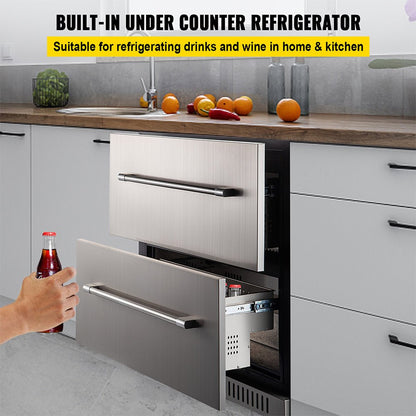 Small Double Drawer Stainless Steel Built-In Undercounter Beverage Refrigerator 5.1 Cu.Ft.