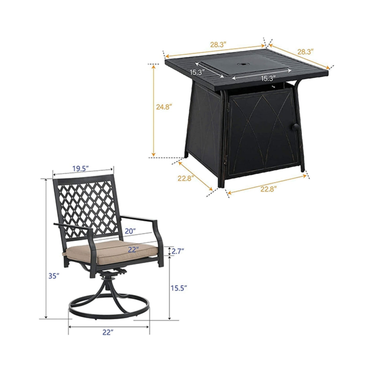 Sophia & William Outdoor Gas Fire Pit Table Set W/ Cushioned Swivel Dining Chairs 5PCS
