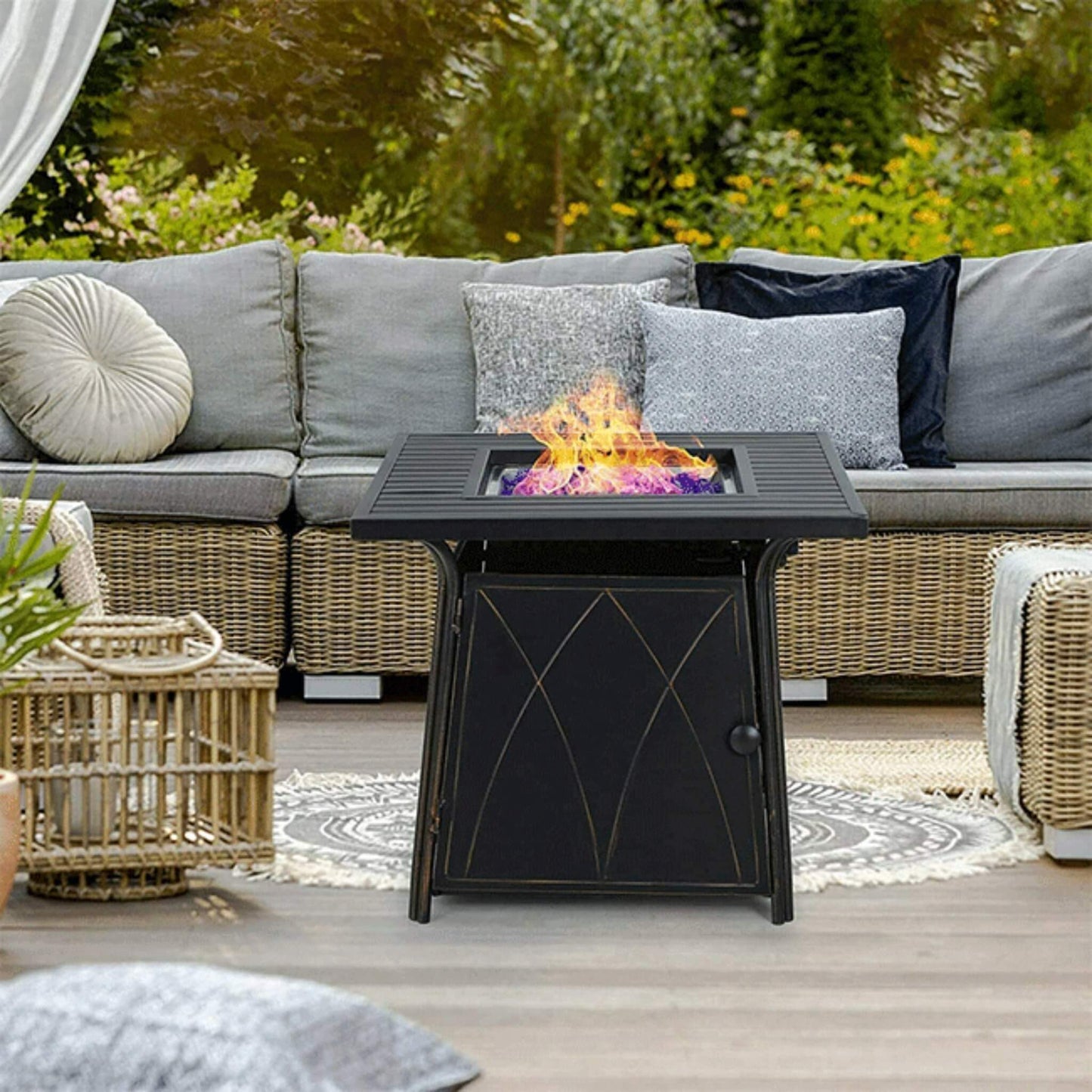 Sophia & William Outdoor Gas Fire Pit Table Set W/ Cushioned Swivel Dining Chairs 5PCS