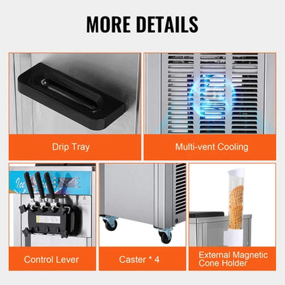 Stainless Steel Commercial 3-Flavor Soft Serve Ice Cream Machine Maker 21-31 L/H