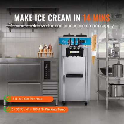 Stainless Steel Commercial 3-Flavor Soft Serve Ice Cream Machine Maker 21-31 L/H