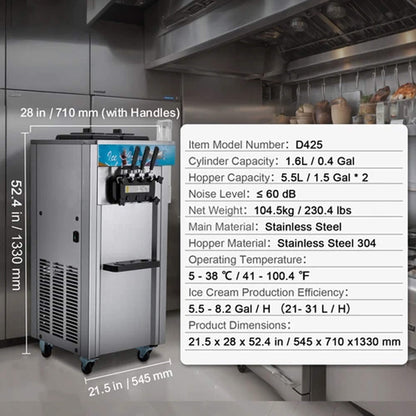 Stainless Steel Commercial 3-Flavor Soft Serve Ice Cream Machine Maker 21-31 L/H