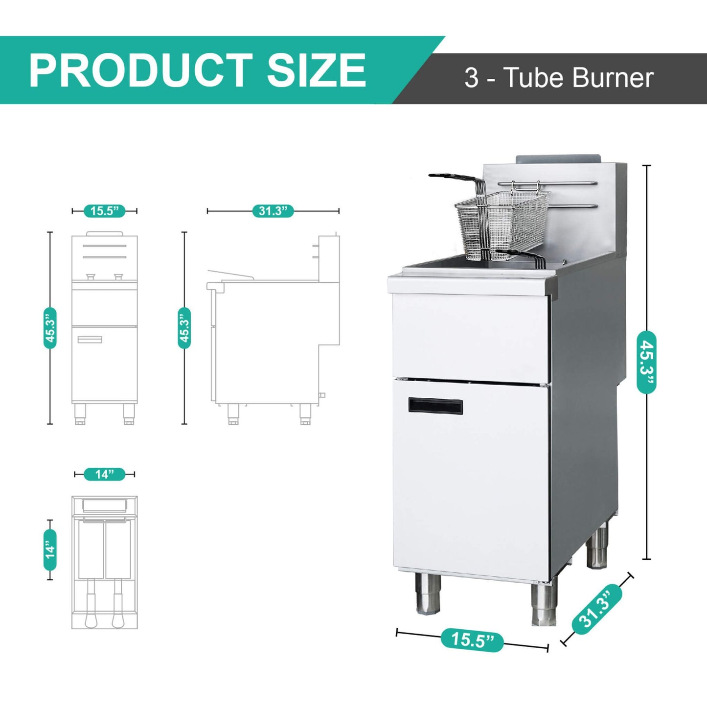Stainless Steel Commercial 90K BTU 3-Burner Gas Liquid Propane Deep Fryer