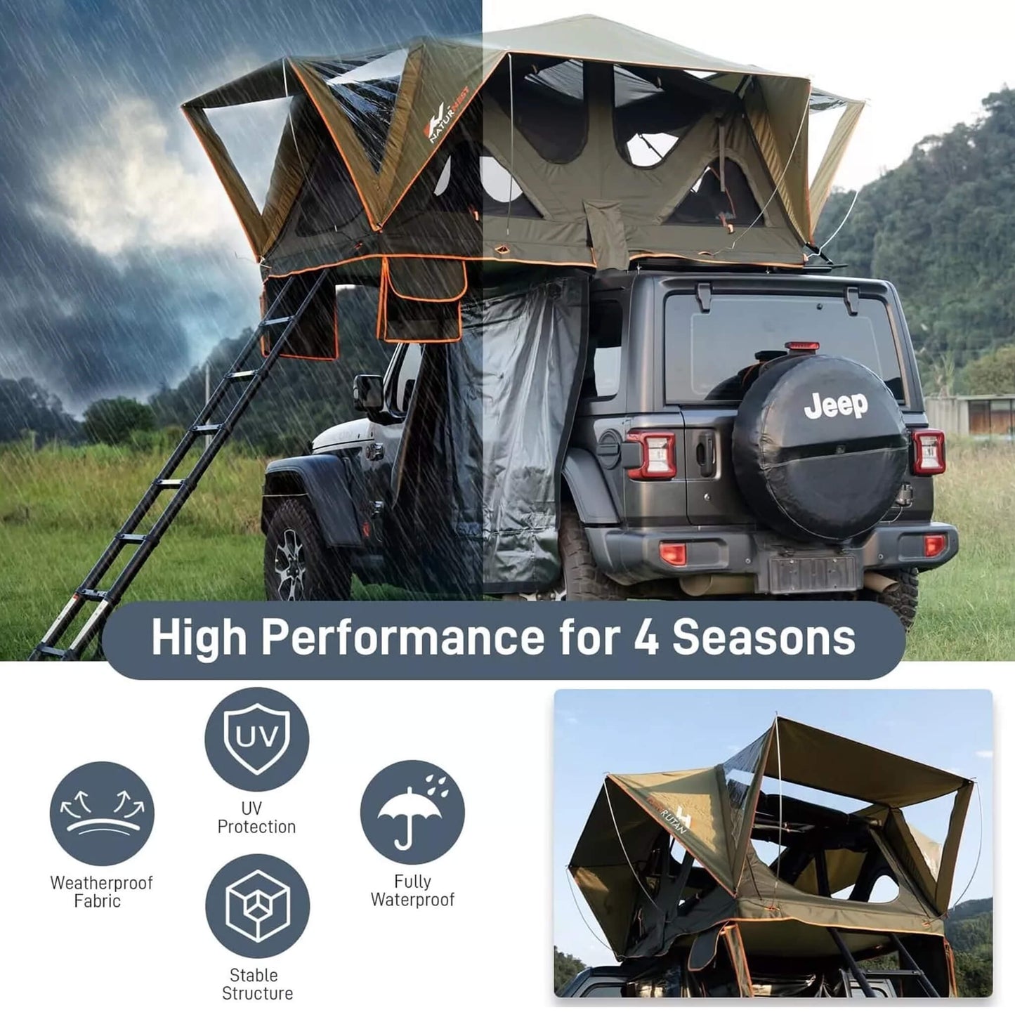 Naturnest Andromeda Green Soft Shell Rooftop Tent With Large Panoramic Skylight & YKK Doors