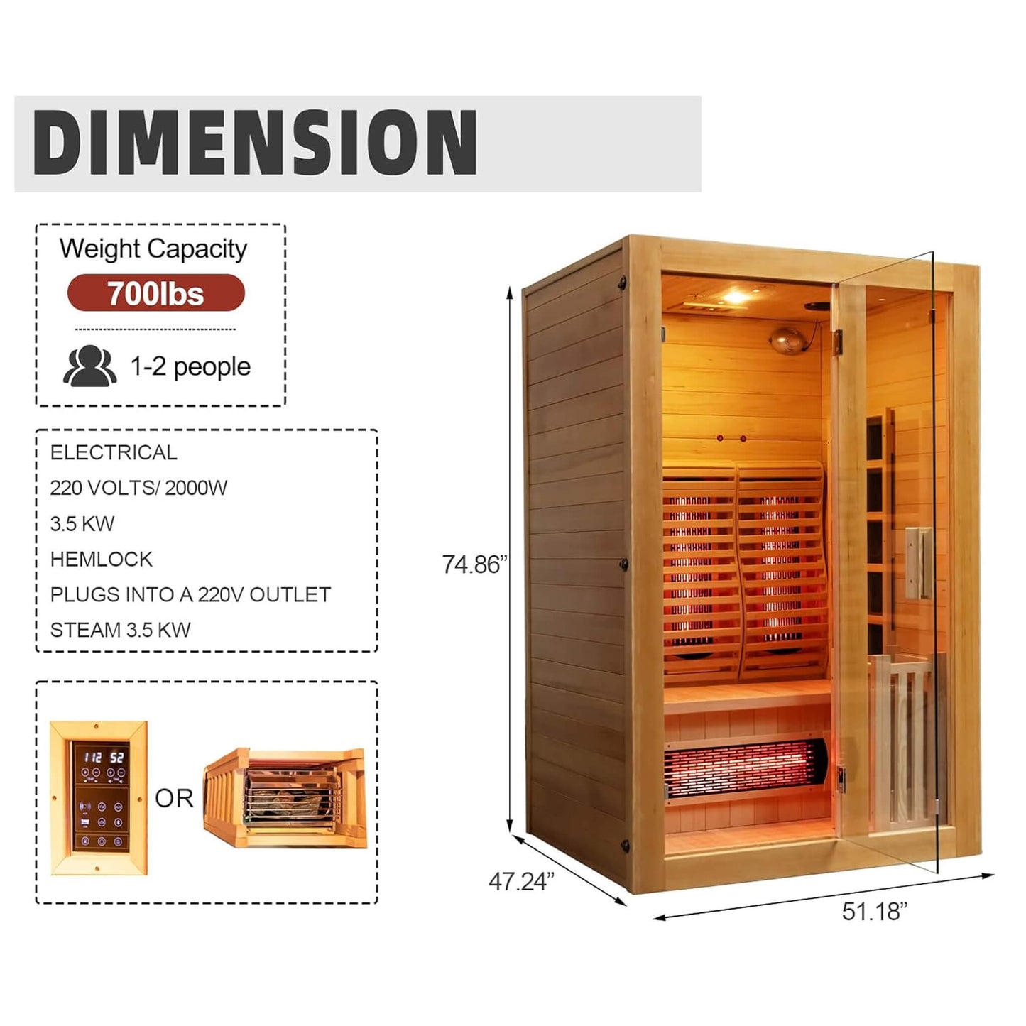 Rövia Luma 2-Person Indoor Hybrid Sauna Room With Infrared And 3.5KW Steam Heaters