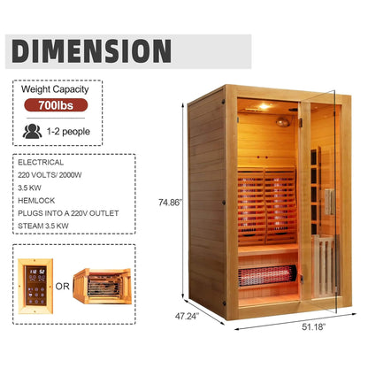 Rövia Luma 2-Person Indoor Hybrid Sauna Room With Infrared And 3.5KW Steam Heaters