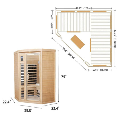 Thermora Premium 2-Person Corner Space Infrared Wooden Sauna Room With Bluetooth Speakers 1600W