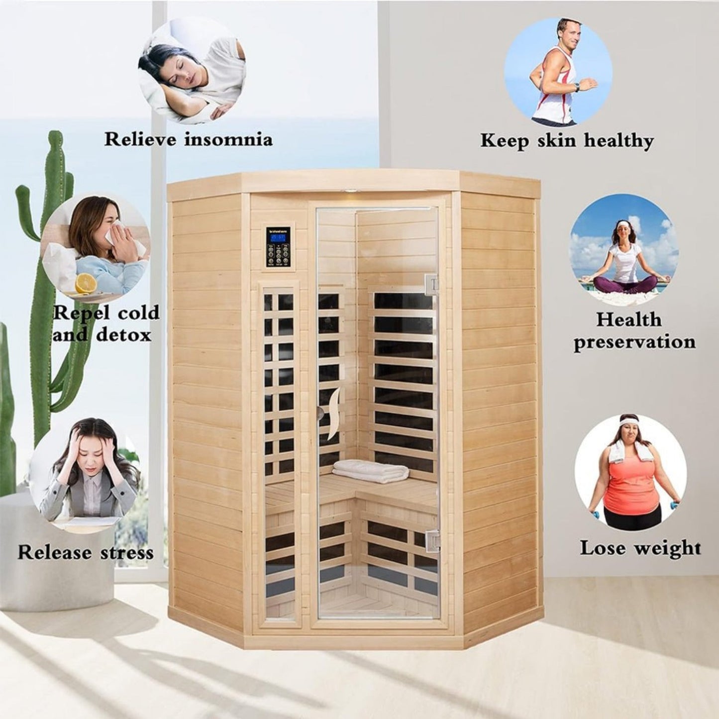 Thermora Premium 2-Person Corner Space Infrared Wooden Sauna Room With Bluetooth Speakers 1600W