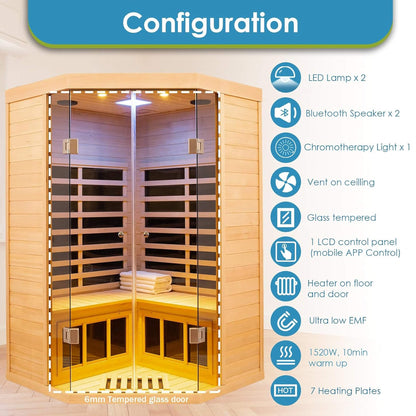Thermora Premium 2-Person Corner Space Infrared Wooden Sauna Room With Bluetooth Speakers 1600W