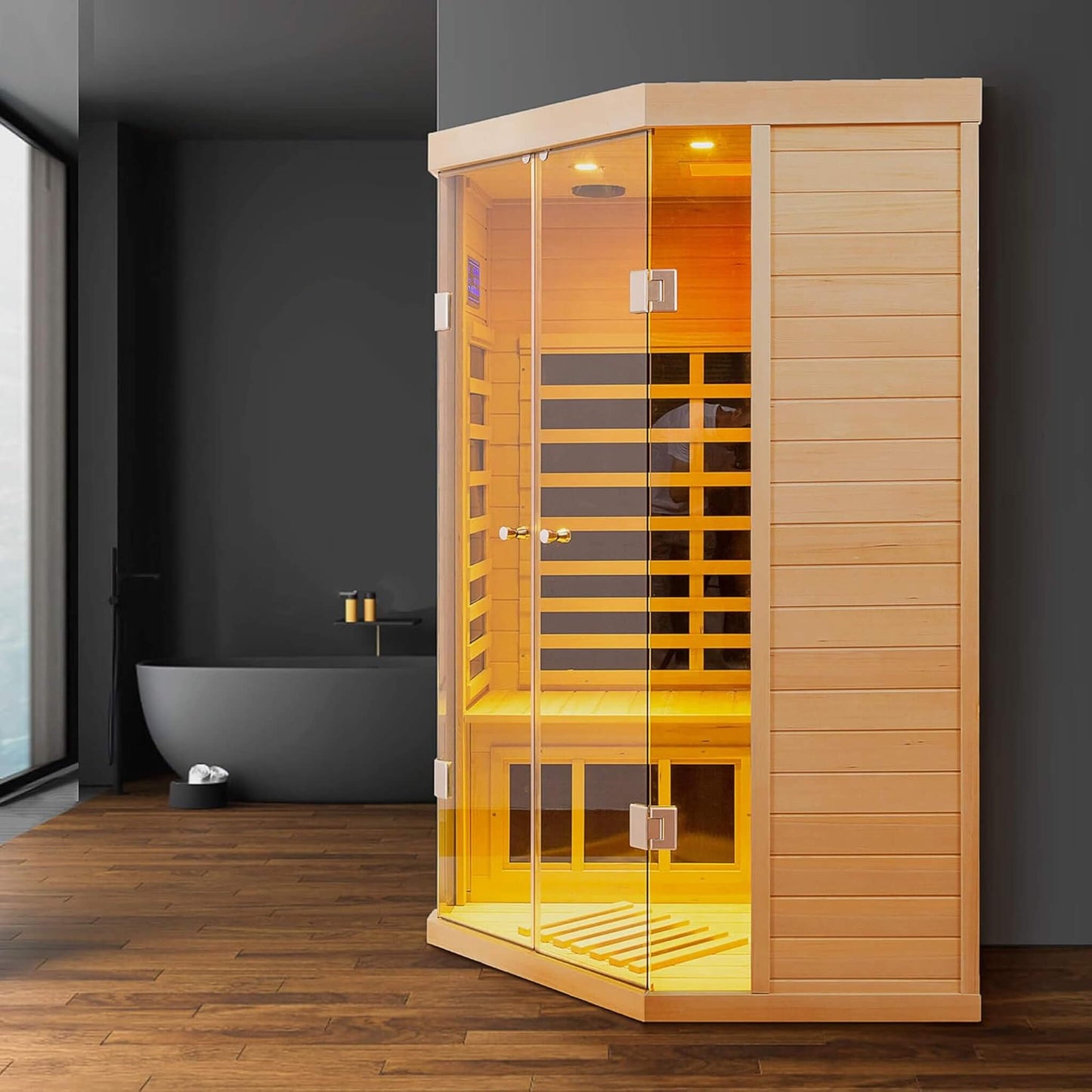 Thermora Premium 2-Person Corner Space Infrared Wooden Sauna Room With Bluetooth Speakers 1600W