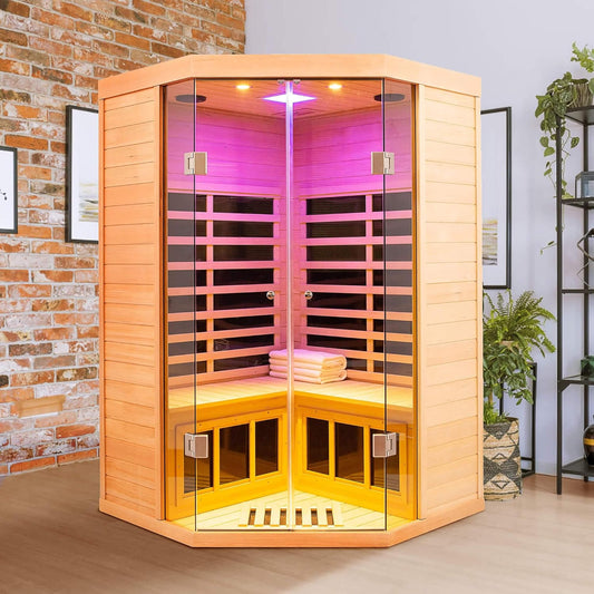 Thermora Premium 2-Person Corner Space Infrared Wooden Sauna Room With Bluetooth Speakers 1600W