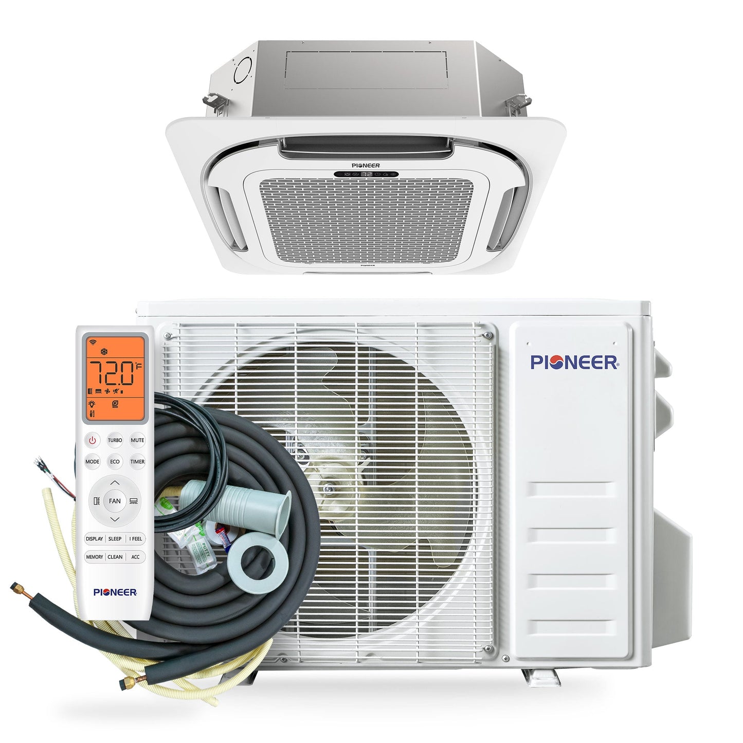 Pioneer® Quantum Ultra™ 12,000 BTU 21 SEER2 230V 8-Way Ceiling Cassette Ductless Mini-Split Air Conditioner Inverter Heat Pump Full Set