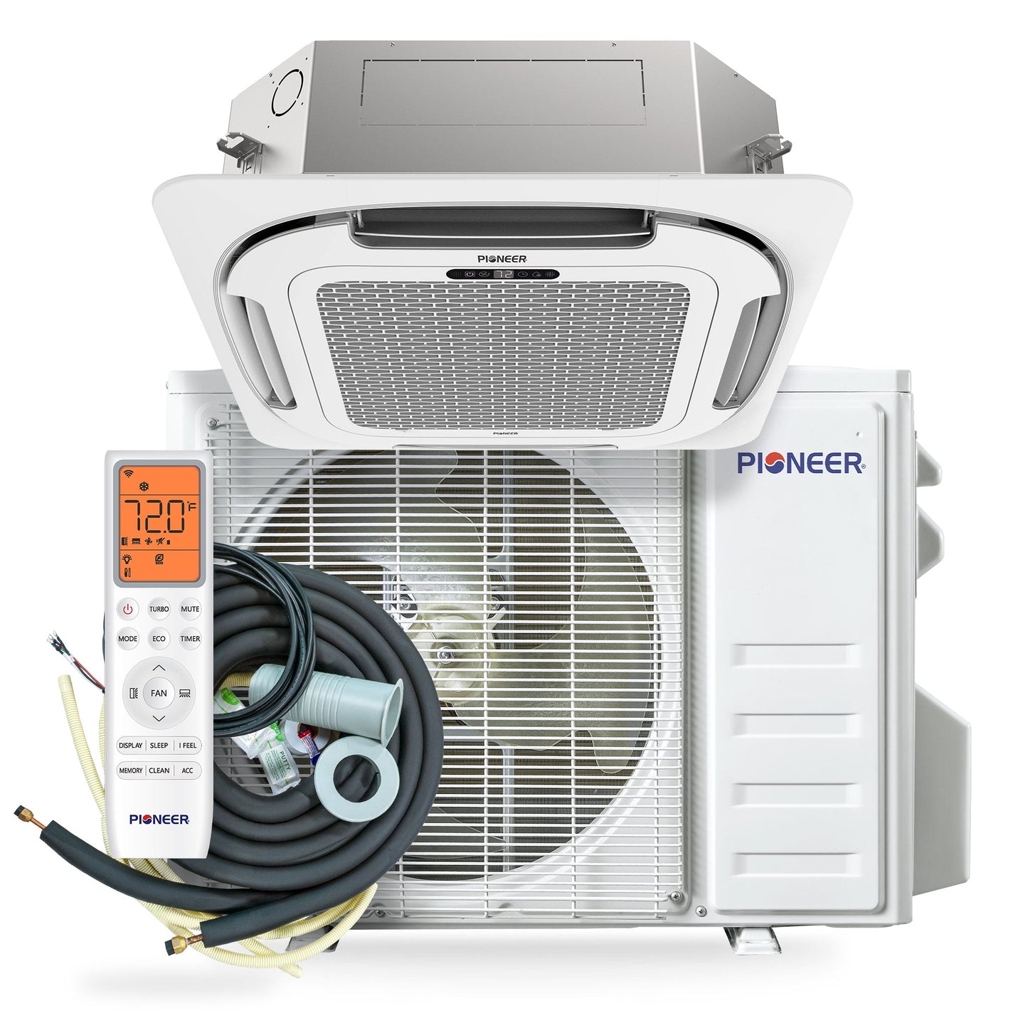 Pioneer® Quantum Ultra™ 23,000 BTU 22.5 SEER2 230V 8-Way Ceiling Cassette Ductless Mini-Split Air Conditioner Inverter Heat Pump Full Set