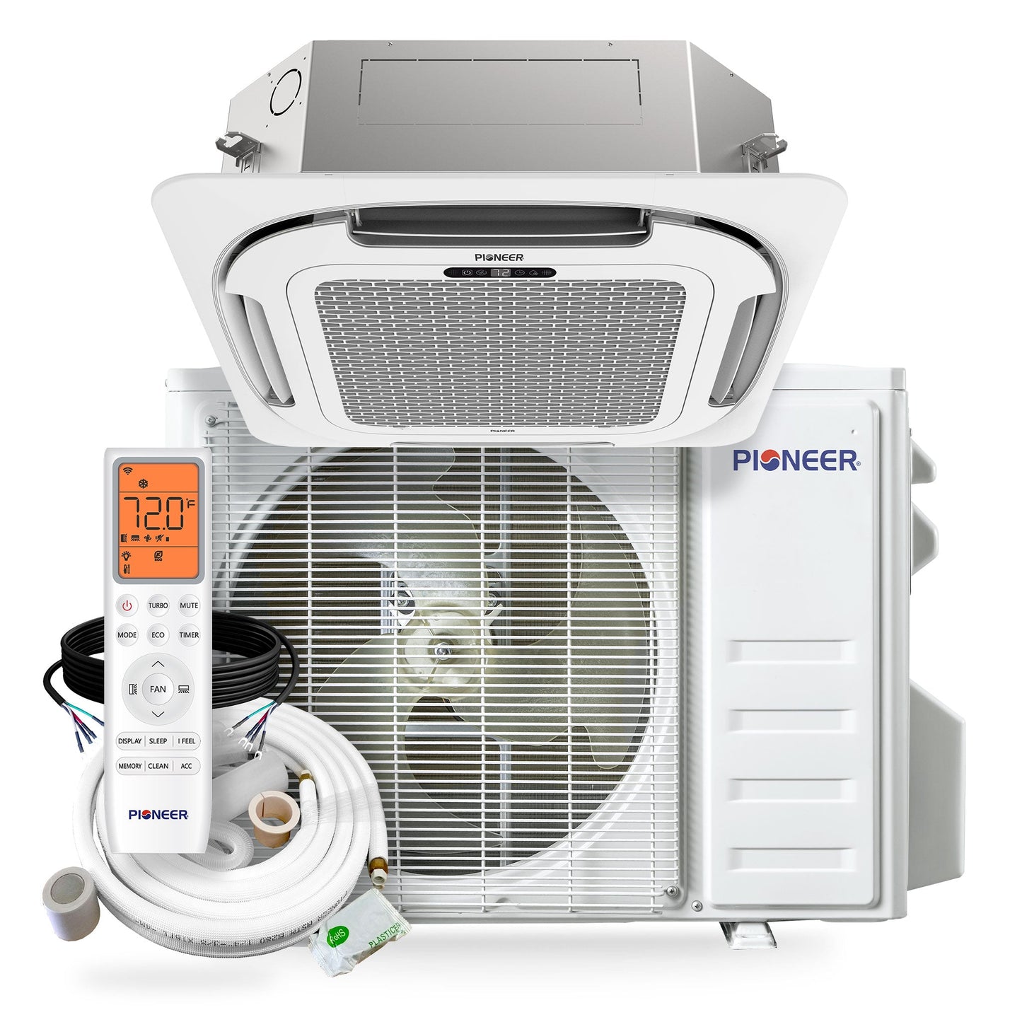Pioneer® Quantum Ultra™ 23,000 BTU 22.5 SEER2 230V 8-Way Ceiling Cassette Ductless Mini-Split Air Conditioner Inverter Heat Pump Full Set