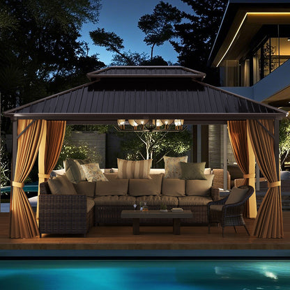 16 x 12 Feet Hardtop Gazebo Aluminum Frame Permanent Pavilion with Curtains and Netting-Coffee