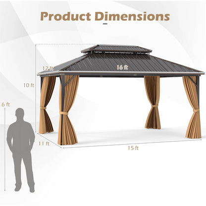 16 x 12 Feet Hardtop Gazebo Aluminum Frame Permanent Pavilion with Curtains and Netting-Coffee