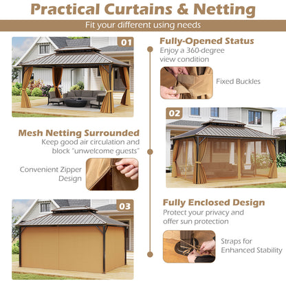 16 x 12 Feet Hardtop Gazebo Aluminum Frame Permanent Pavilion with Curtains and Netting-Coffee