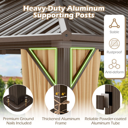 16 x 12 Feet Hardtop Gazebo Aluminum Frame Permanent Pavilion with Curtains and Netting-Coffee