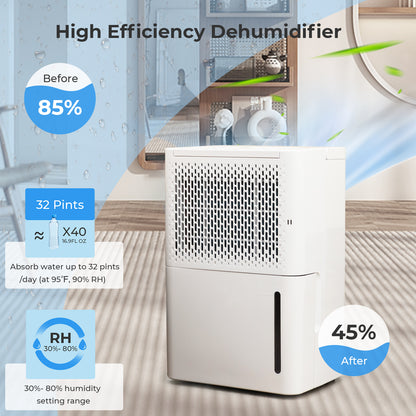 2000 Sq. Ft 32 White Pint Dehumidifier with Continuous/Drying/Auto Mode