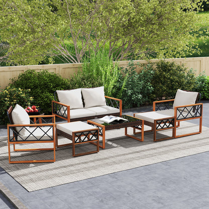 7 Pieces Patio Furniture Set PE Wicker Acacia Wood Outdoor Conversation Set