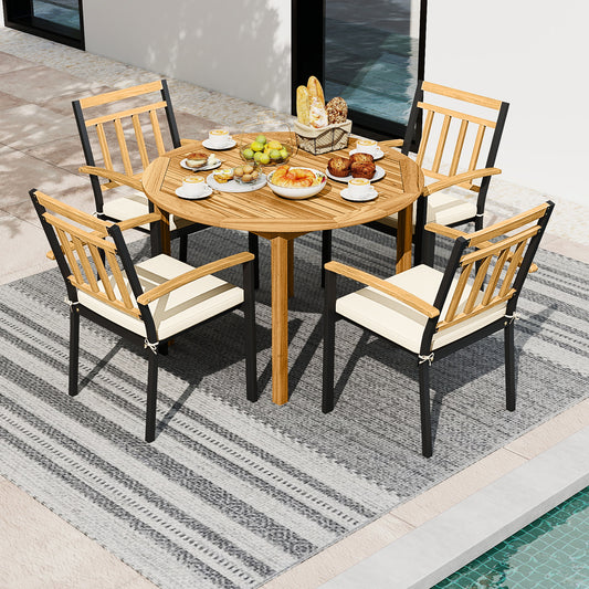 5 Pieces Outdoor Acacia Wood Dining Set Patio Round Table and Metal Chairs with Cushions